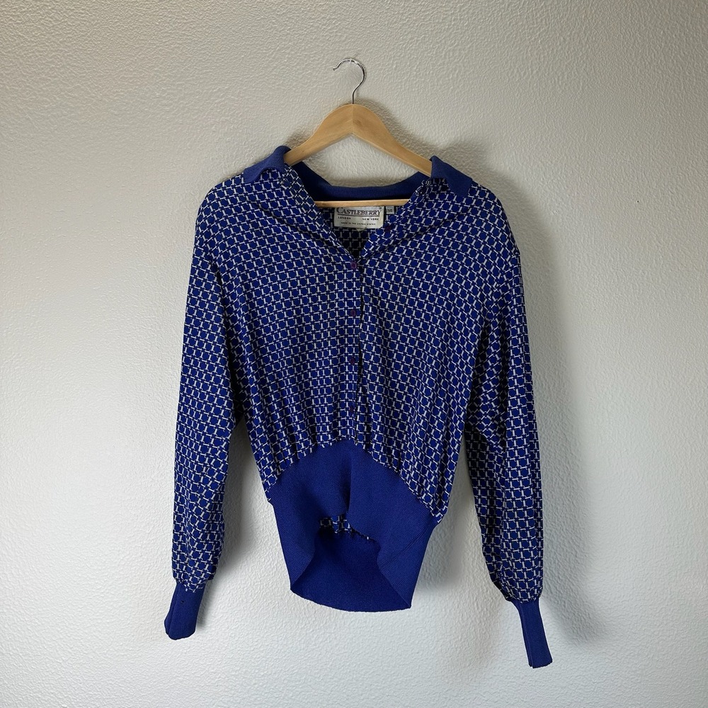Castleberry Knit Cardigan Women 14 Blue Excellent Geometric Chain Link Vintage